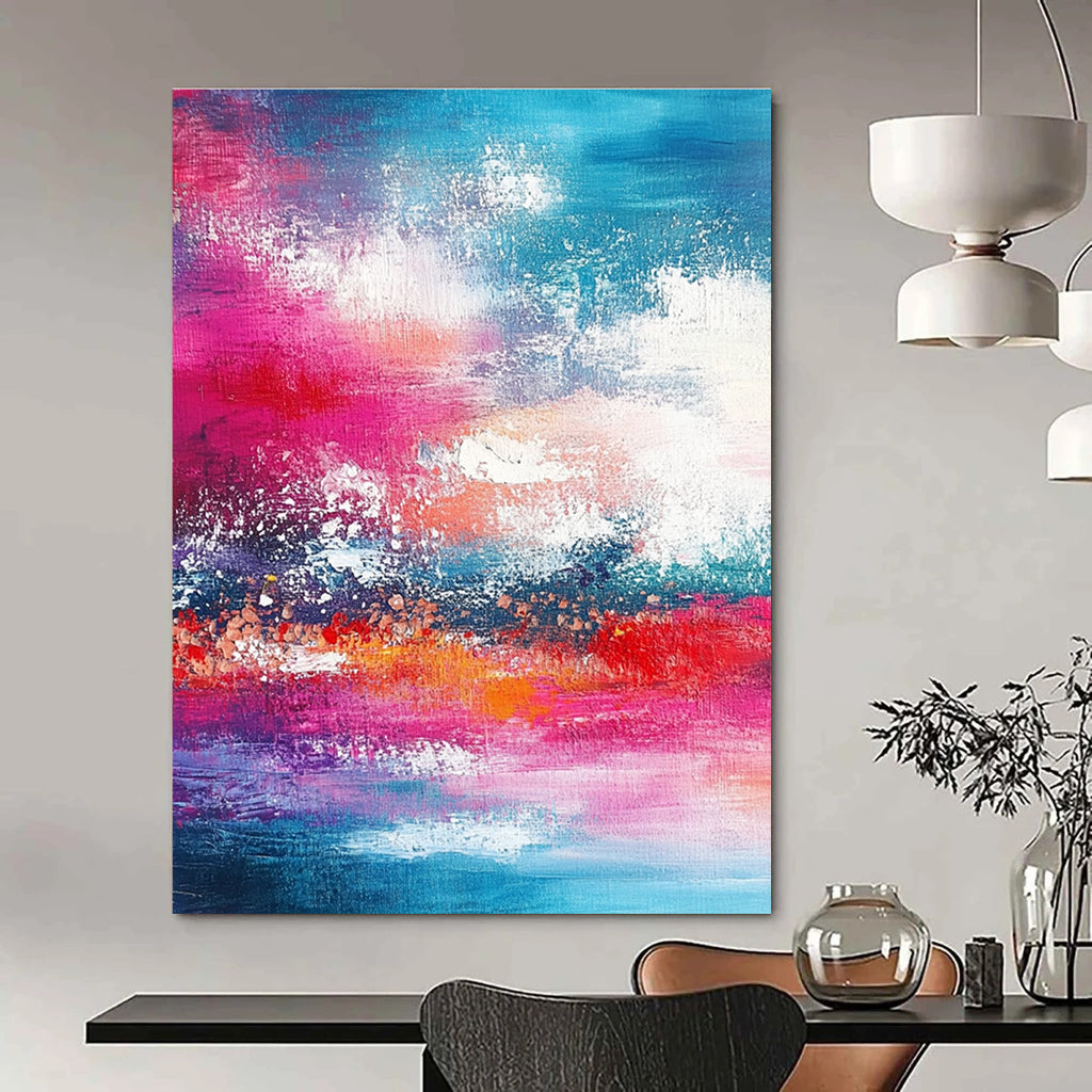 Large abstract painting featuring shades of red pink and teal with bold brush strokes of sky and sea in the background.STSC116