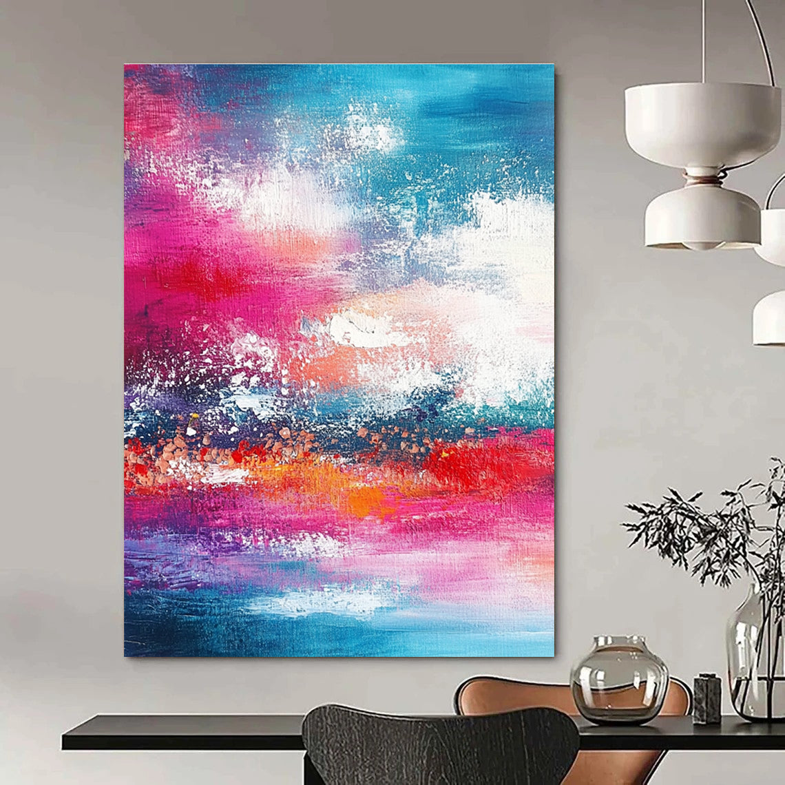 Large abstract painting featuring shades of red pink and teal with bold brush strokes of sky and sea in the background.STSC116