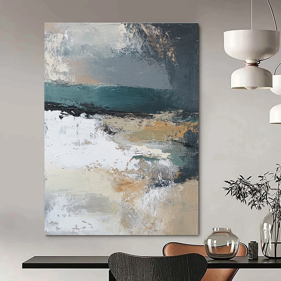 Large abstract painting featuring muted beige grey teal silver and green hues with white abstract shapes and textured layers depicting a serene landscape.STSC380