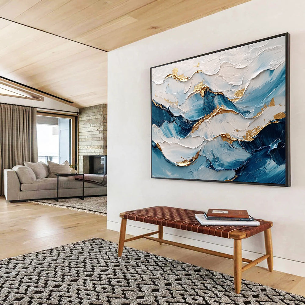 Wave - like Blue White Gold Abstract Painting with Metallic Accents DYP261
