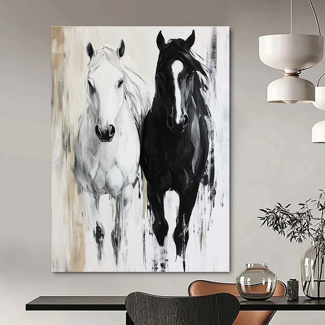 Large Abstract Painting Featuring Two Horses A White and a Black Horse in a Unique Artistic Expression.STSC1452