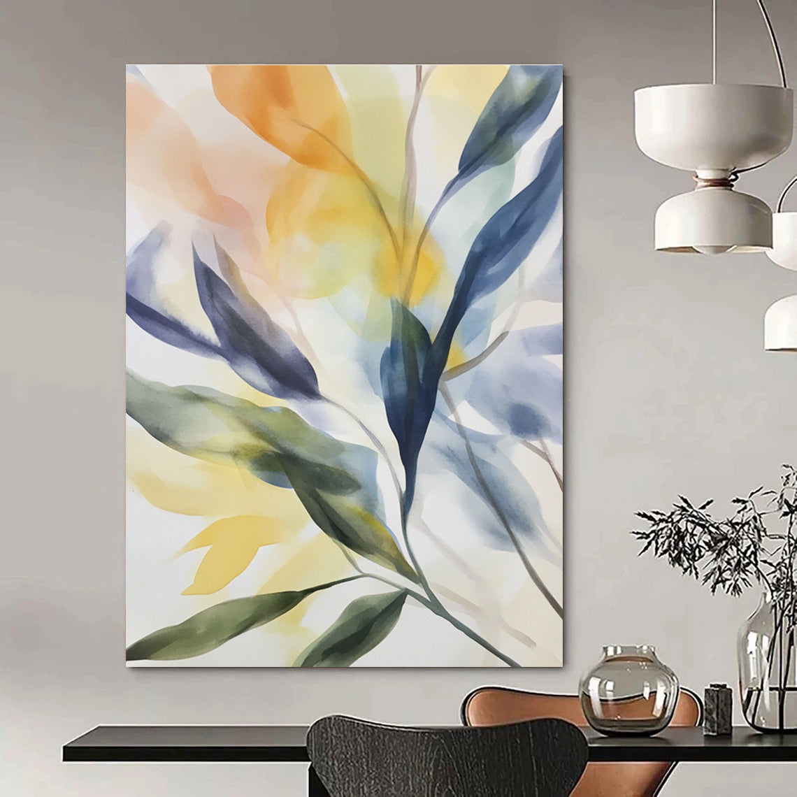 Large abstract watercolor painting featuring delicate leaves and flowers in indigo blue yellow-green light orange pale purple light pink and dark gray.STSC502