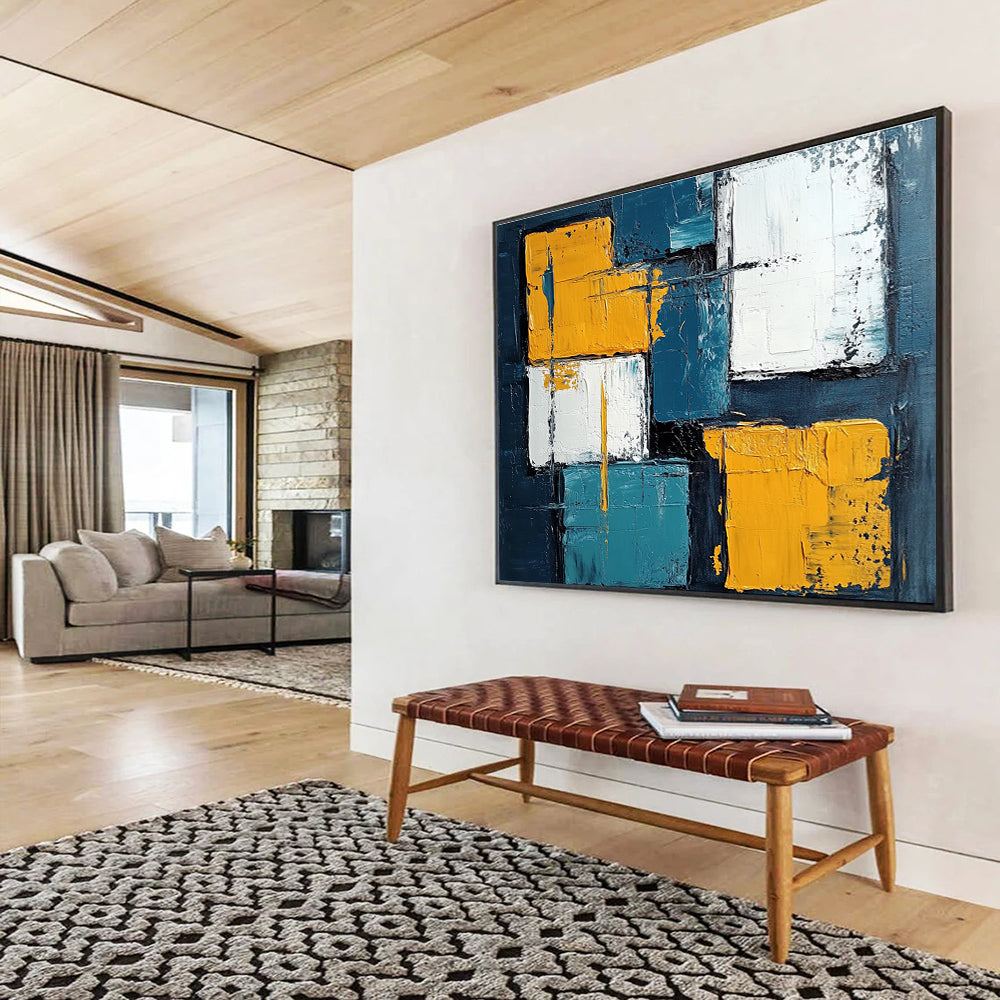 Geometric Abstract Painting with Blue Yellow and White Blocks DYP281