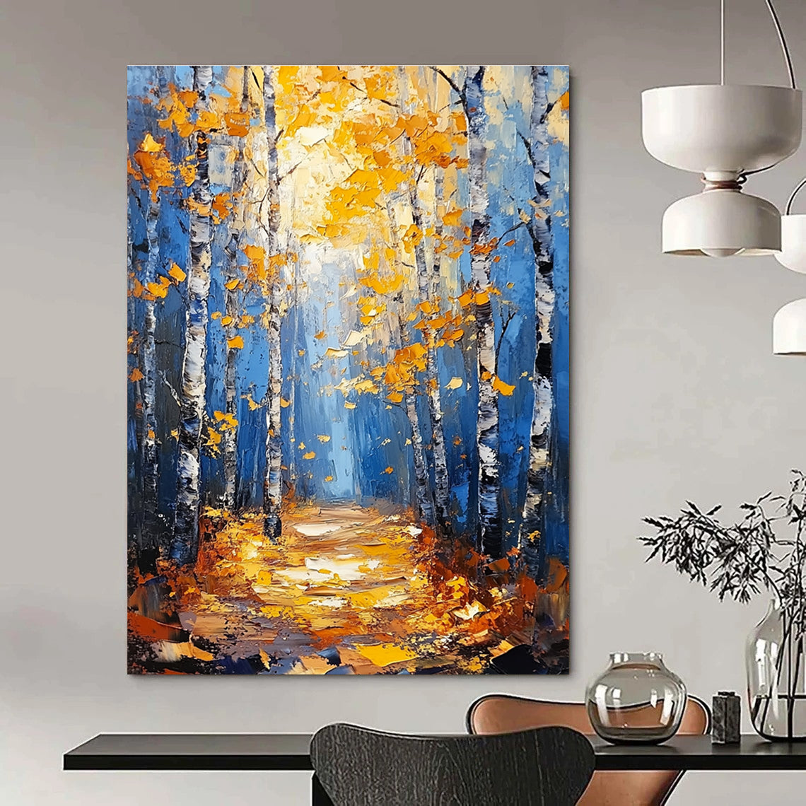 Large abstract painting of birch trees in autumn featuring blue and gold tones with textured background and tranquil atmosphere of sunlight filtering through branches.STSC870