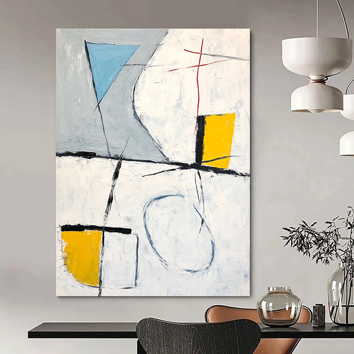 Large abstract painting featuring gray white and yellow shapes with a blue line connecting corners and black brush strokes.STSC612