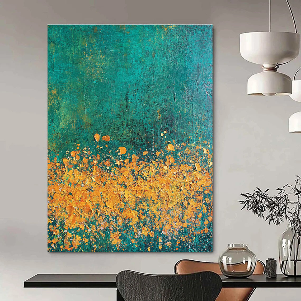 Abstract painting featuring textured strokes in teal gold and orange with a vibrant flower cluster against a dark green backdrop.STSC1110