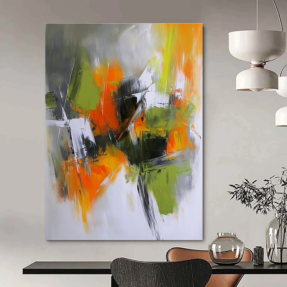 Large abstract painting in light gray dark orange and olive green capturing an autumn urban garden with dramatic shadows and energetic brush strokes.STSC769