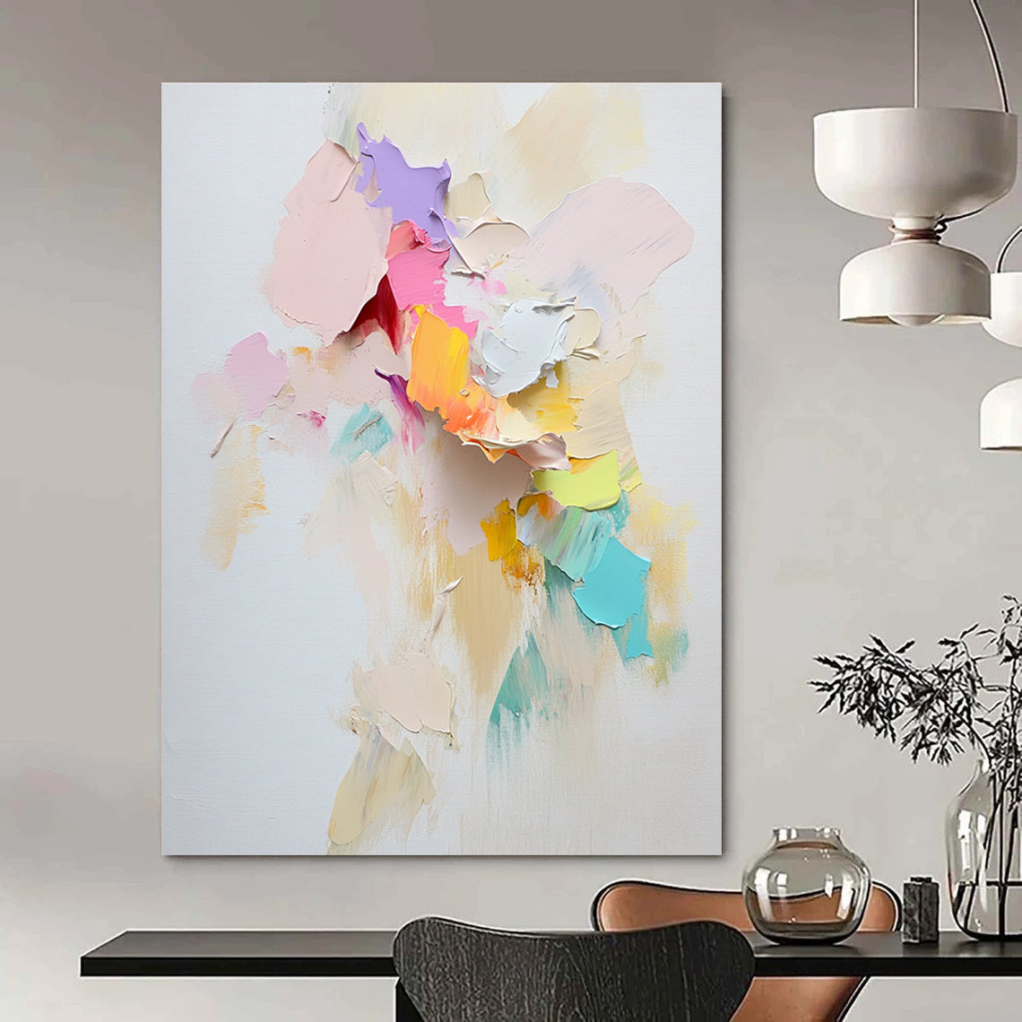 Large abstract painting with loose textured paint and pastel paper pieces suggesting movement featuring a prominent torn scrapbook paper centerpiece.STSC1248