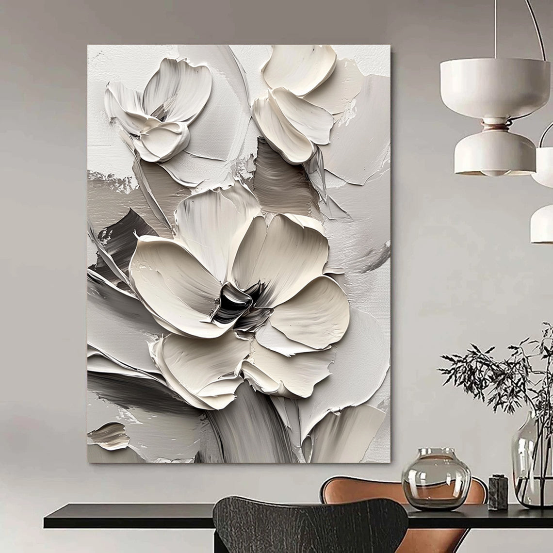 Large abstract painting of white flowers in thick impasto style on a white background, creating a striking monochromatic effect.STSC513