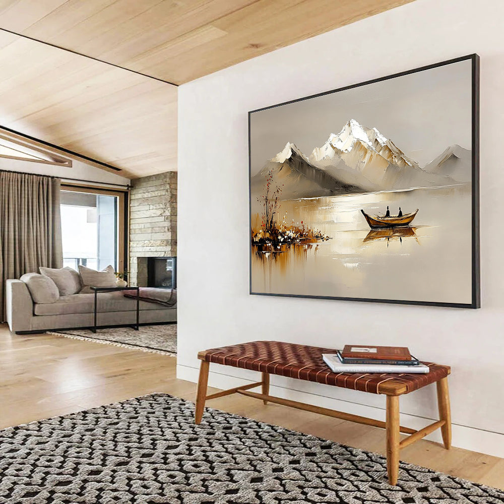 Abstract oil painting with textured palette knife depicting serene lake mountains ancient boats and blooming wildflowers in warm gray hues.SC608