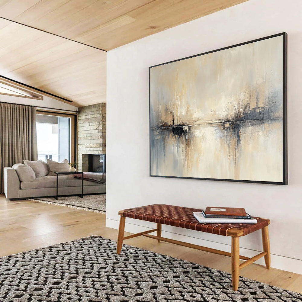 Large abstract painting featuring beige and grey tones soft edges and blurry water reflections against a neutral background.SC227