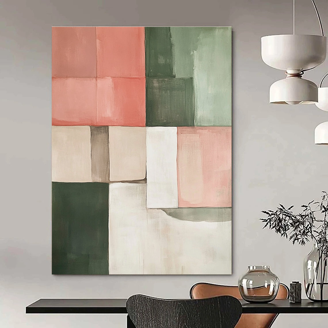 Large abstract painting in earthy tones of pink green and beige featuring geometric shapes perfect for modern decor.STSC243
