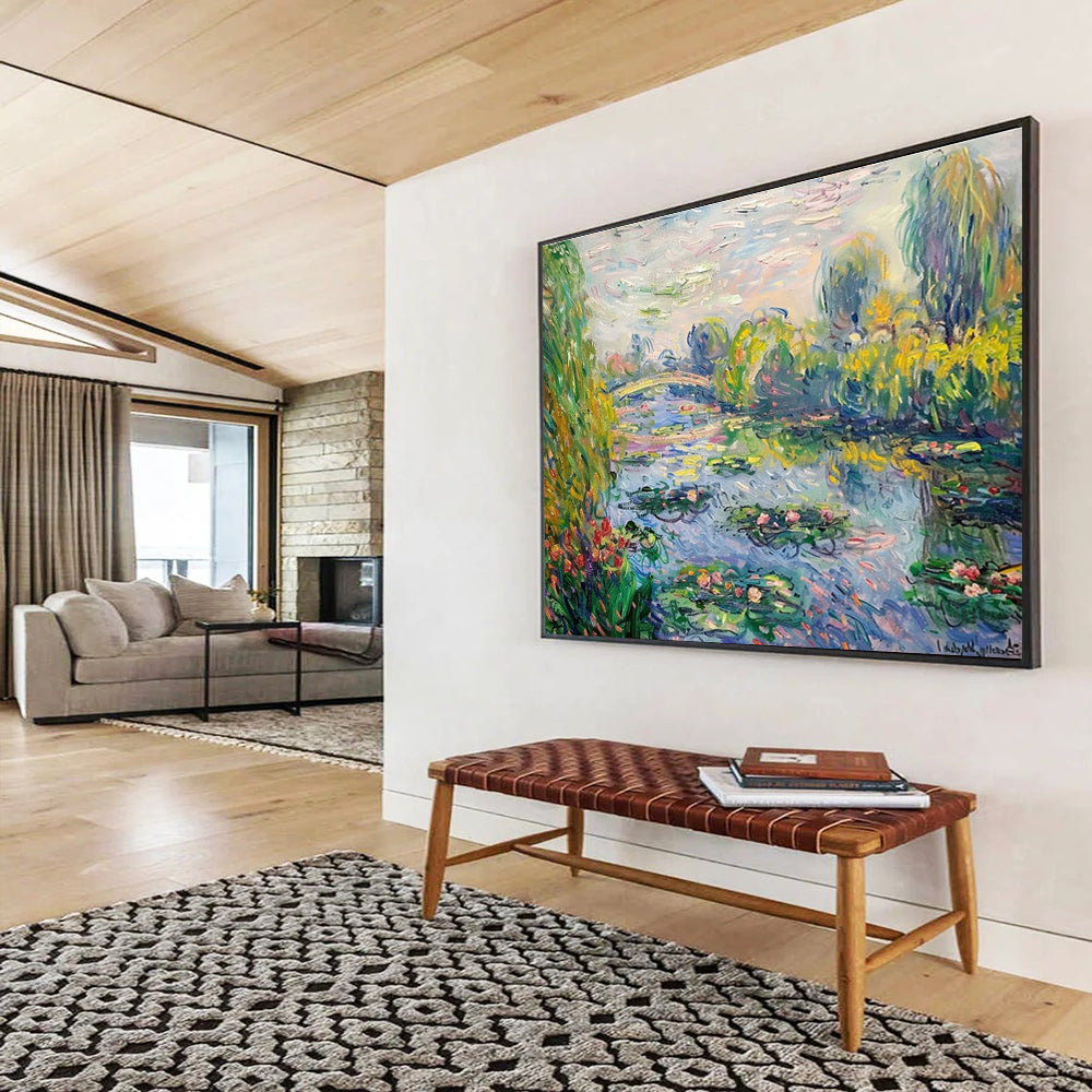 Water Lily Garden Abstract Painting with Green, Blue, and Pink Tones THY197