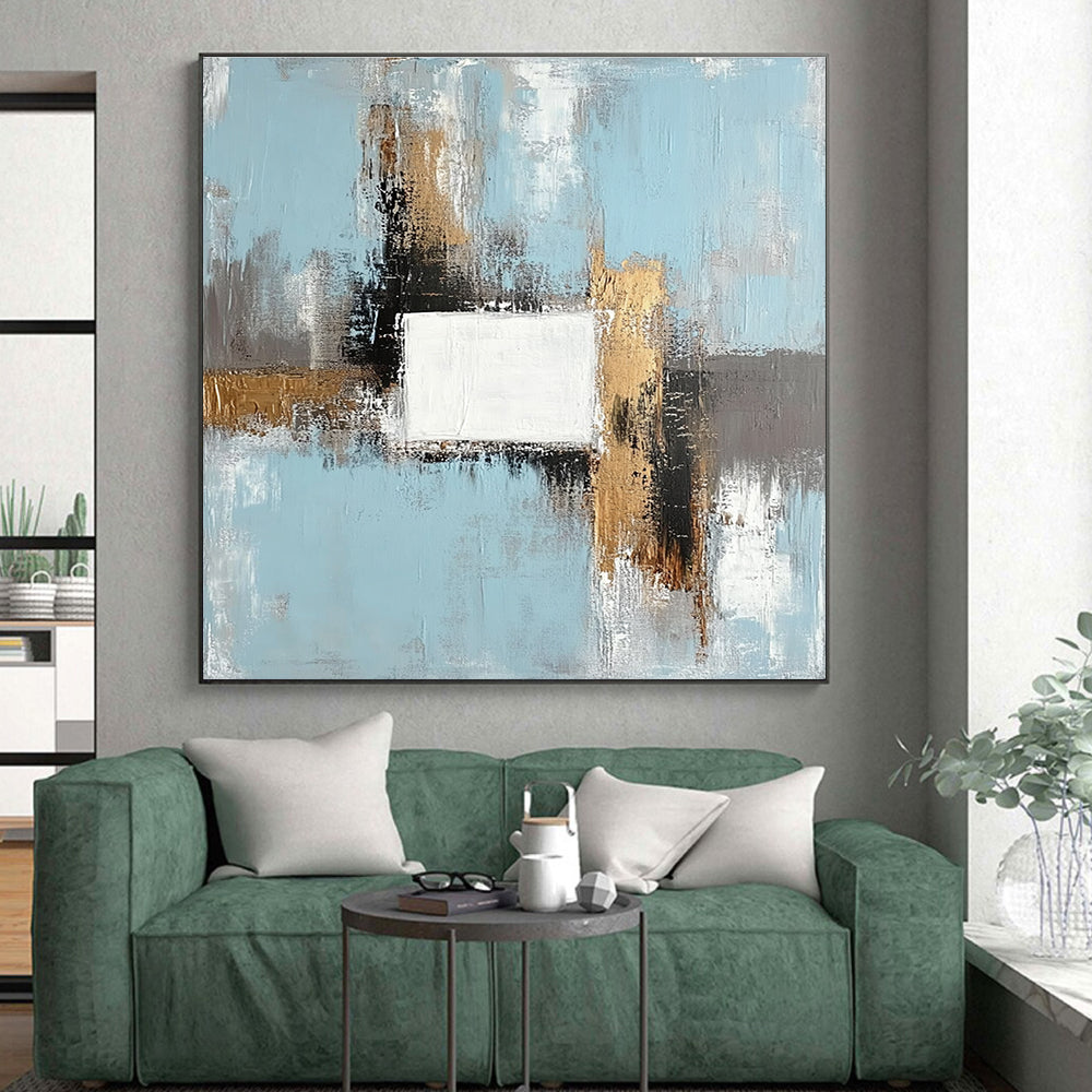 Light Blue Gold and Gray Abstract Painting with Geometric Forms GER555