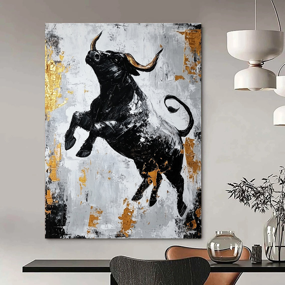 Large abstract painting featuring a dynamic black bull in gold and gray with strong contrasts and rough brushstrokes conveying powerful strength.STSC913