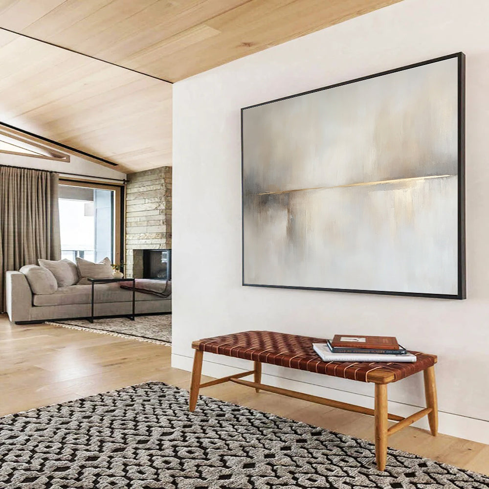 Large abstract painting in beige and white hues featuring soft tones, subtle brushstrokes, and a tranquil sea with a small boat.SC136
