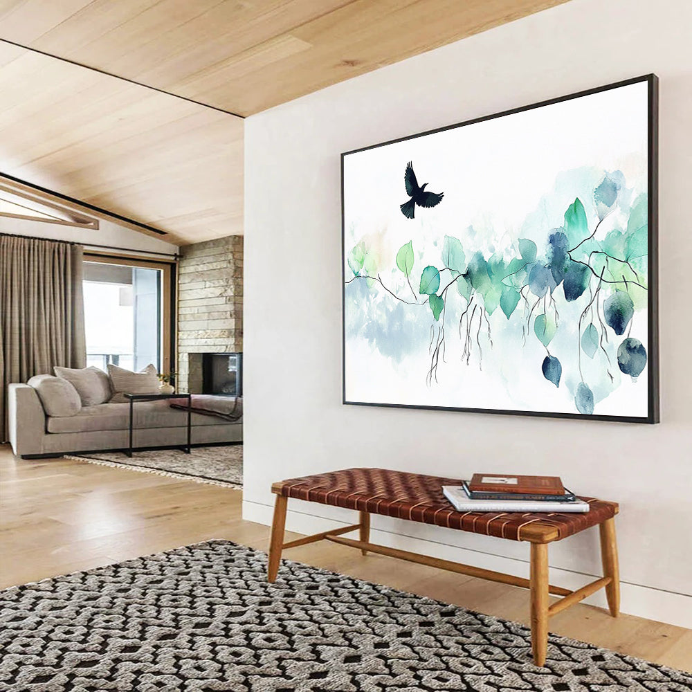 Abstract watercolor painting featuring green leaves and vines with a black bird above on a soft white background for a calming and elegant atmosphere.SC568