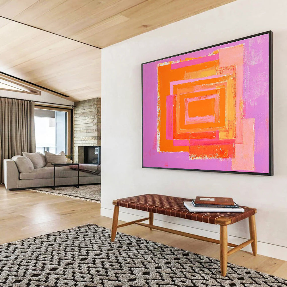 A large abstract painting featuring a pink and orange pastel maze with bold shapes and ample negative space.SC539