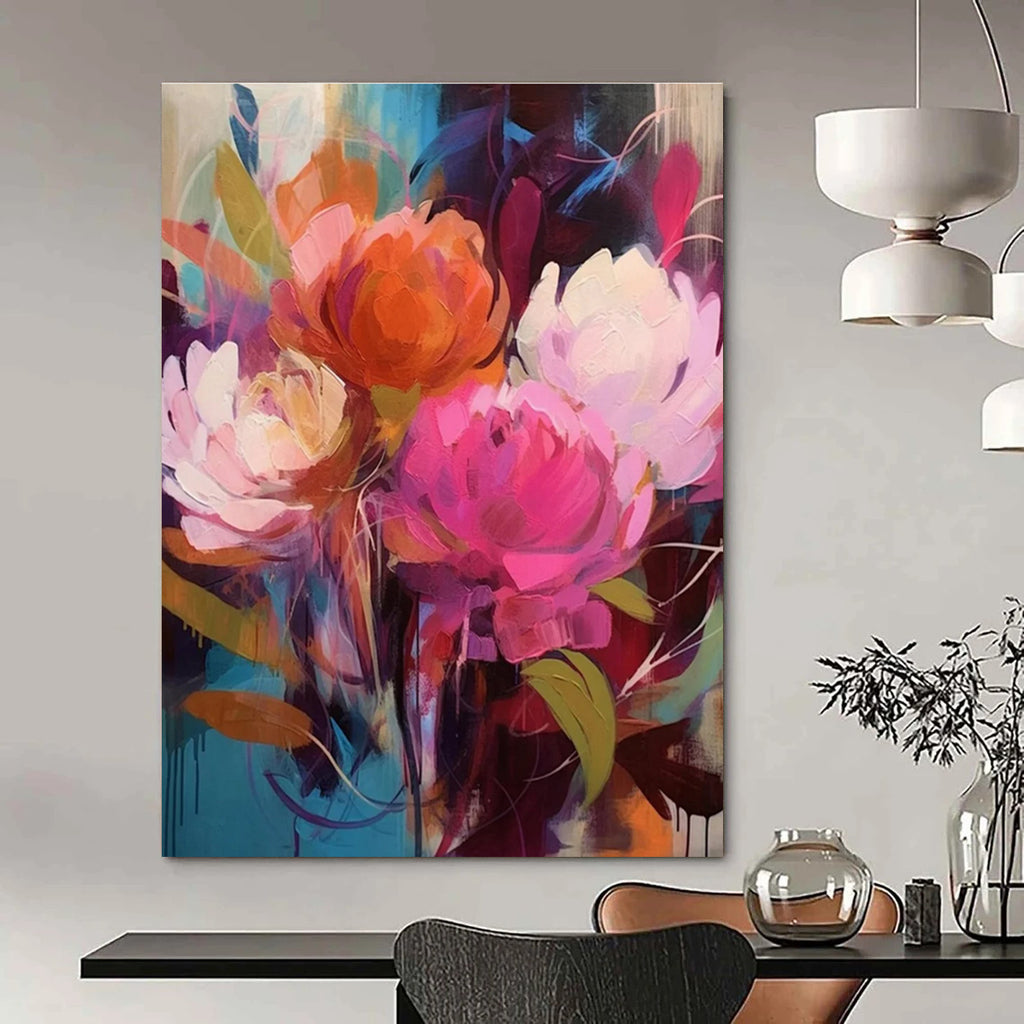 Vibrant Floral Abstract Painting with Bold Pink and Orange ADGE427