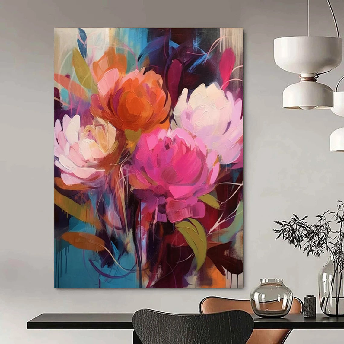 Vibrant Floral Abstract Painting with Bold Pink and Orange ADGE427