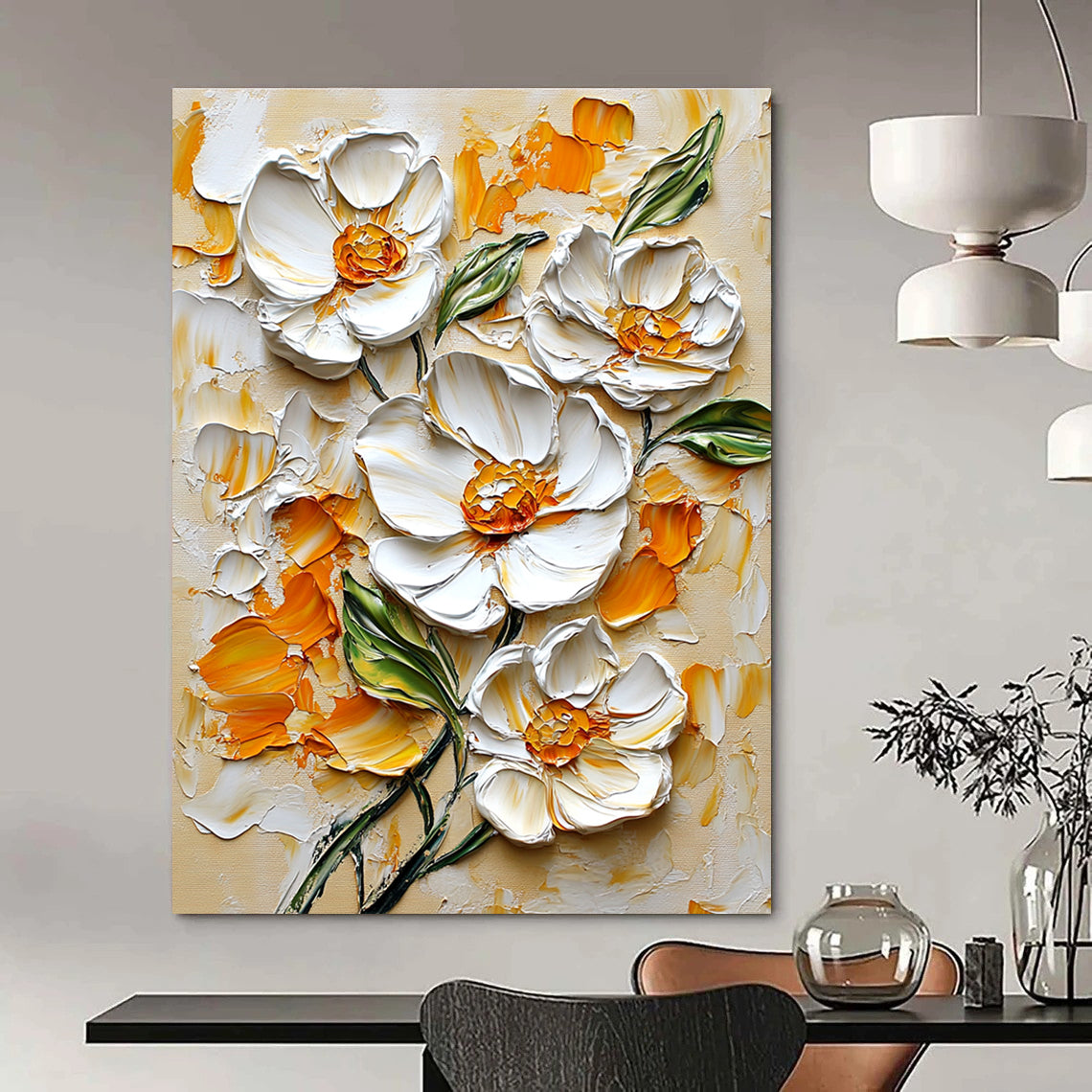 Large abstract painting of white flowers with orange and yellow accents on a beige background in impasto style with intricate details.STSC1397