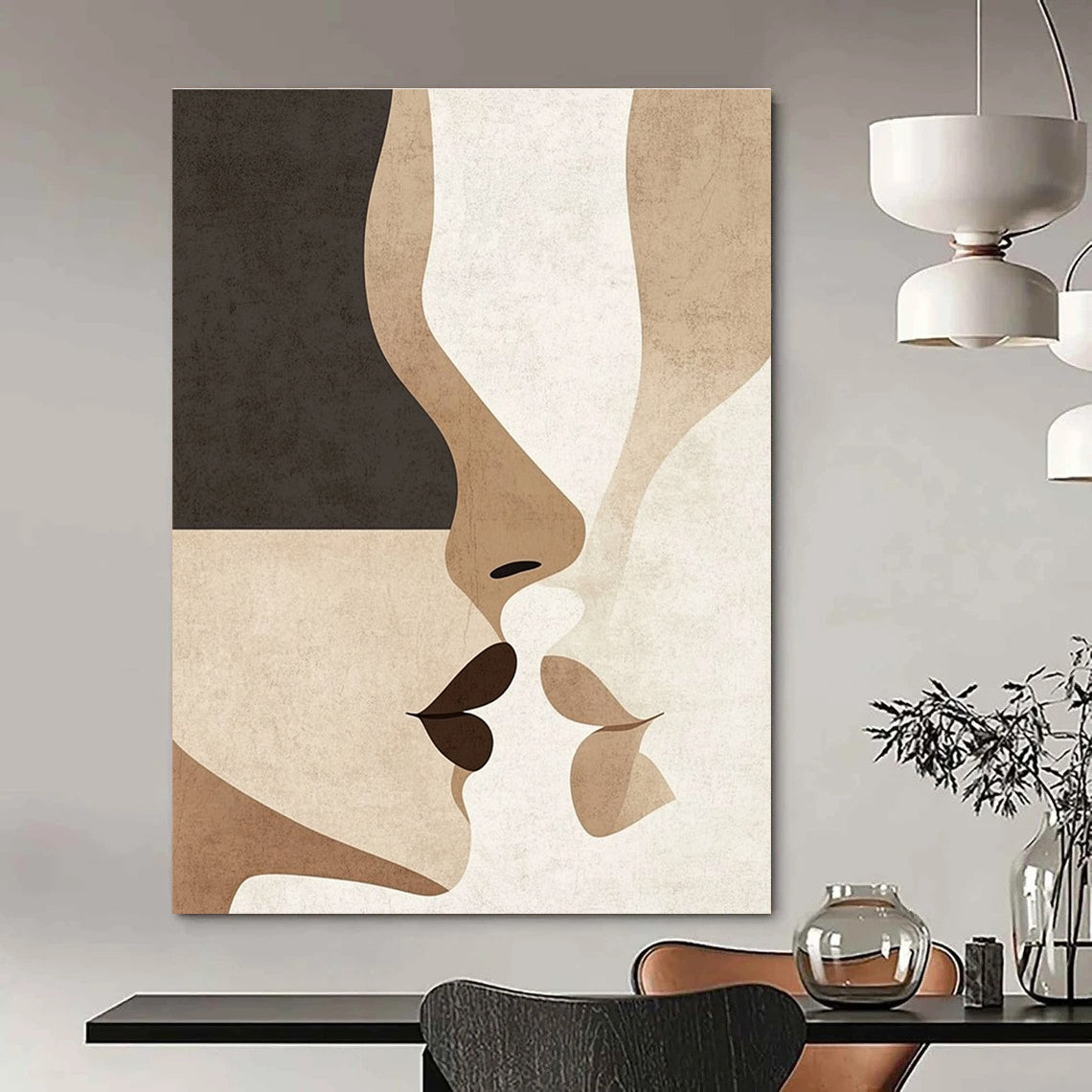 Abstract art in minimalist Japandi style featuring subtle nose and mouth shapes in neutral earthy tones of beige black white grey and brown.STSC1342
