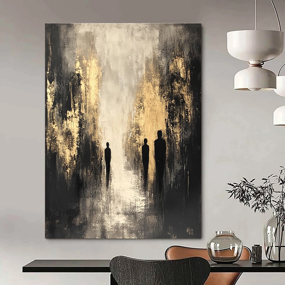 Large abstract painting featuring dark gray and beige tones with gold highlights and black silhouettes creating a shadowy cityscape in a contemplative mood.STSC371