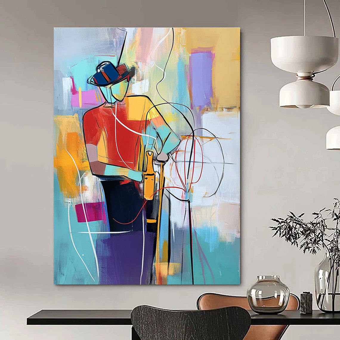 Large abstract painting of an electrician with vibrant colors dynamic lines and geometric patterns showcasing energy and creativity in the craft.STSC554