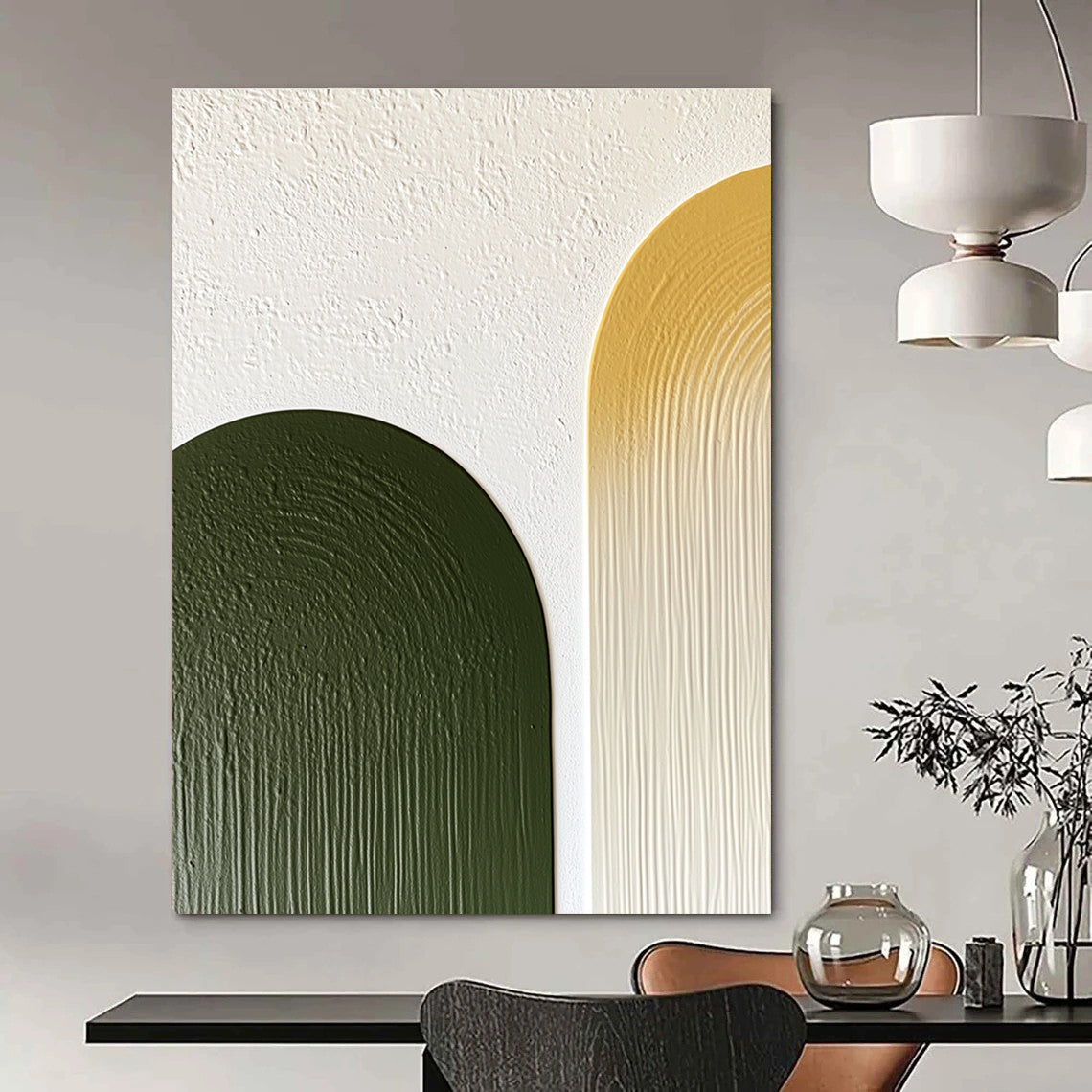 Abstract artwork featuring olive green and mustard yellow half-arches on a textured white wall with minimalist simple lines.STSC964