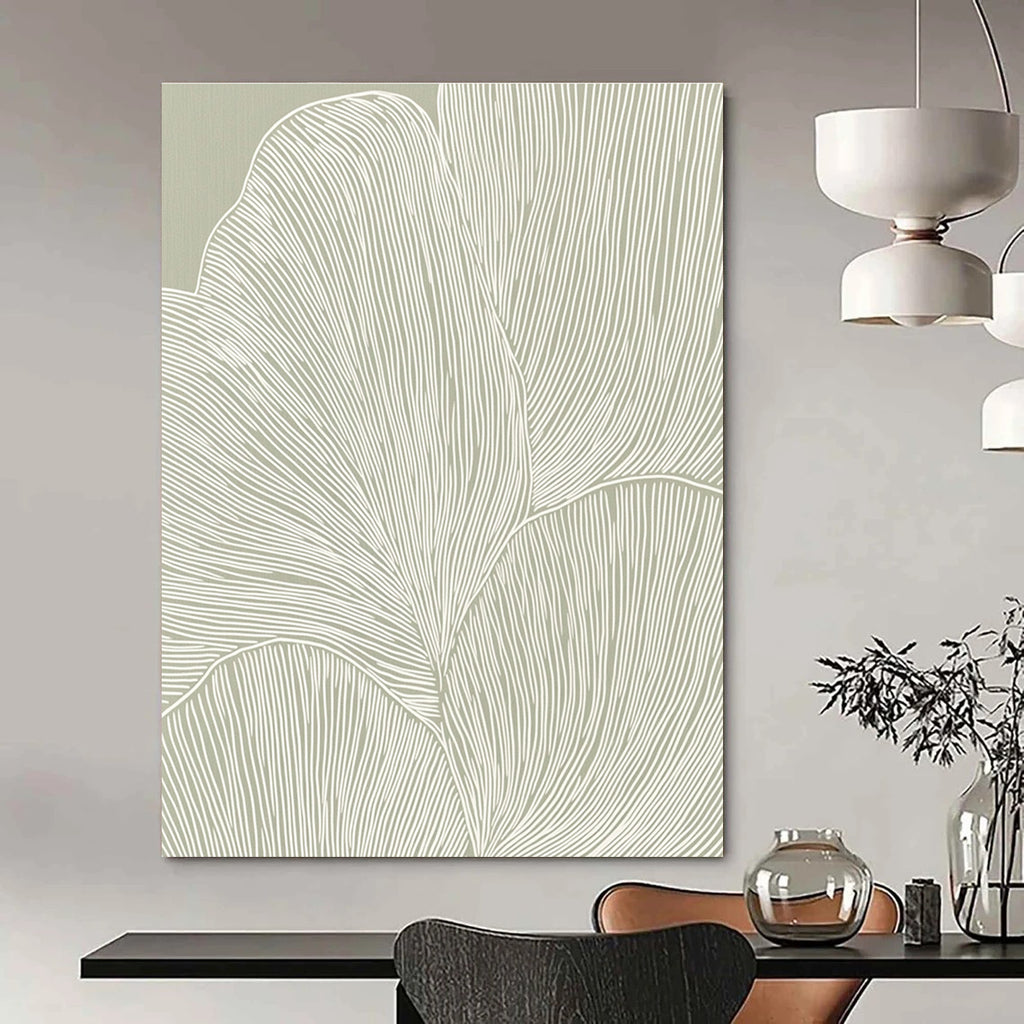 Large abstract art features elegant white line petals on soft gray beige paper creating a tranquil minimalist pattern with seamless curves.STSC1483