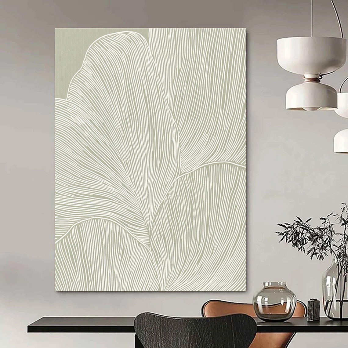 Large abstract art features elegant white line petals on soft gray beige paper creating a tranquil minimalist pattern with seamless curves.STSC1483