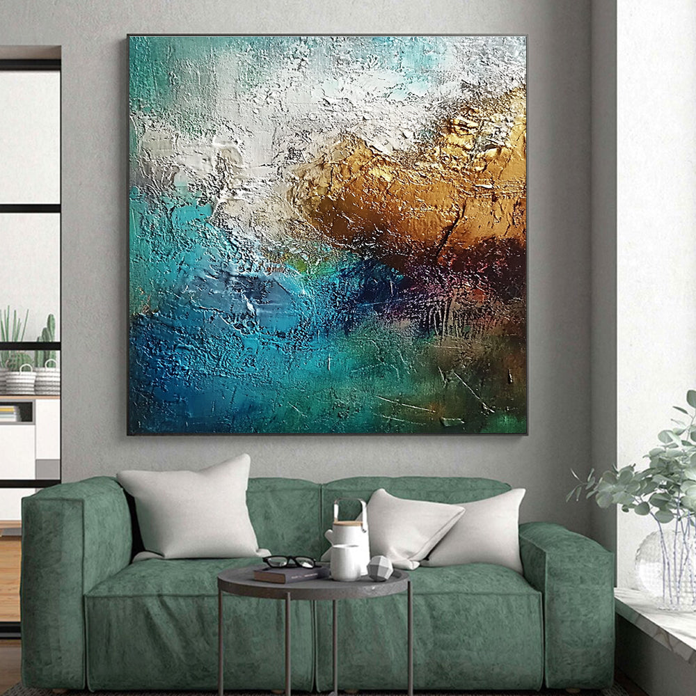 Teal Gold Abstract Painting with Thick Textures GER785