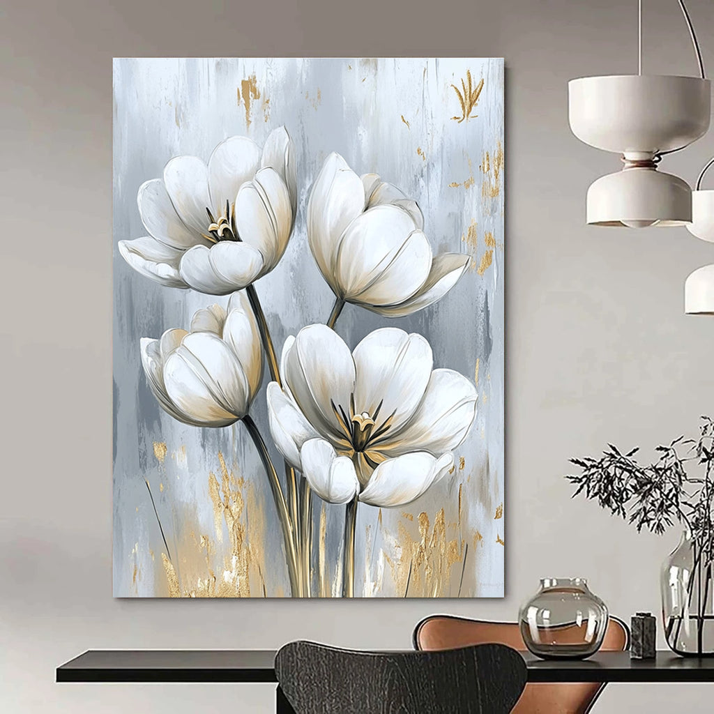Large abstract painting featuring white tulips with delicate petals and gold embellishments perfect for elegant home interior design.STSC1478