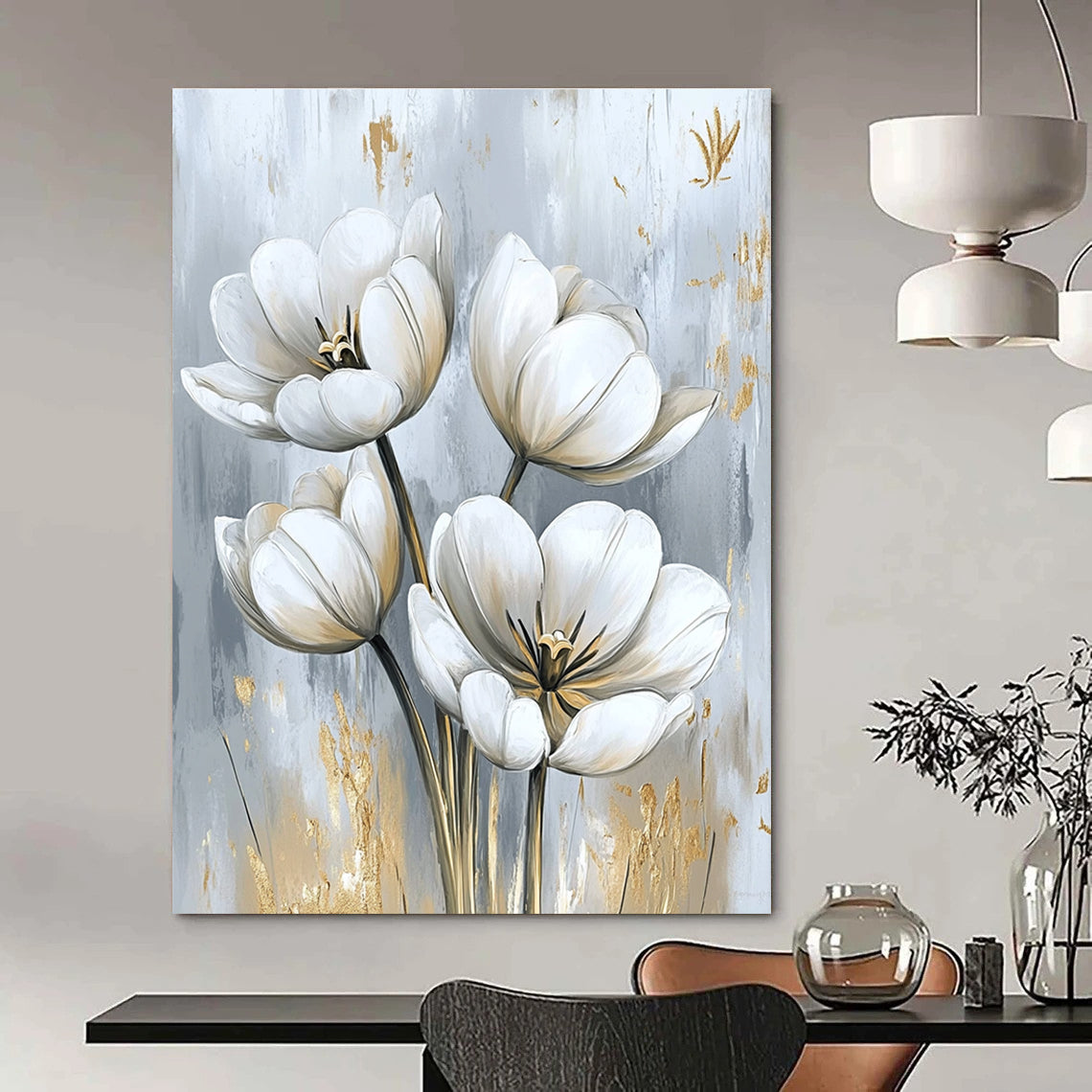 Large abstract painting featuring white tulips with delicate petals and gold embellishments perfect for elegant home interior design.STSC1478