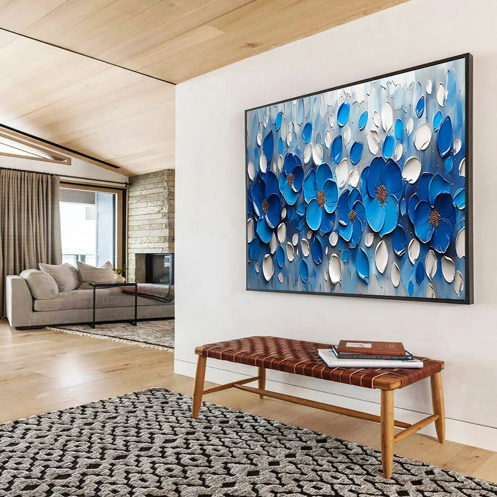 Blue Flower Relief Abstract Painting with Blue, White, and Brown Tones THY173