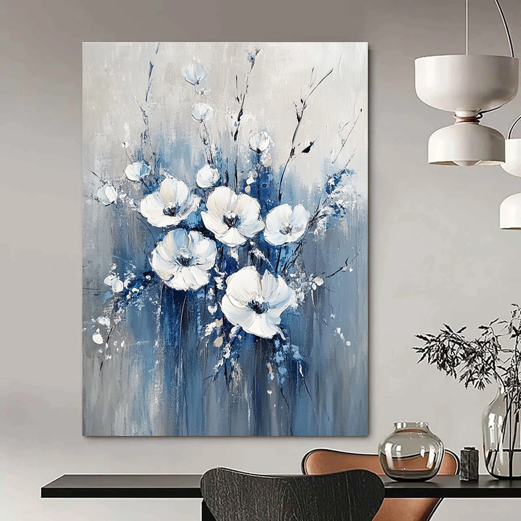Large Abstract Blue and White Flowers Painting featuring soft gray background white flowers and light blue accents for a serene decor atmosphere.STSC035