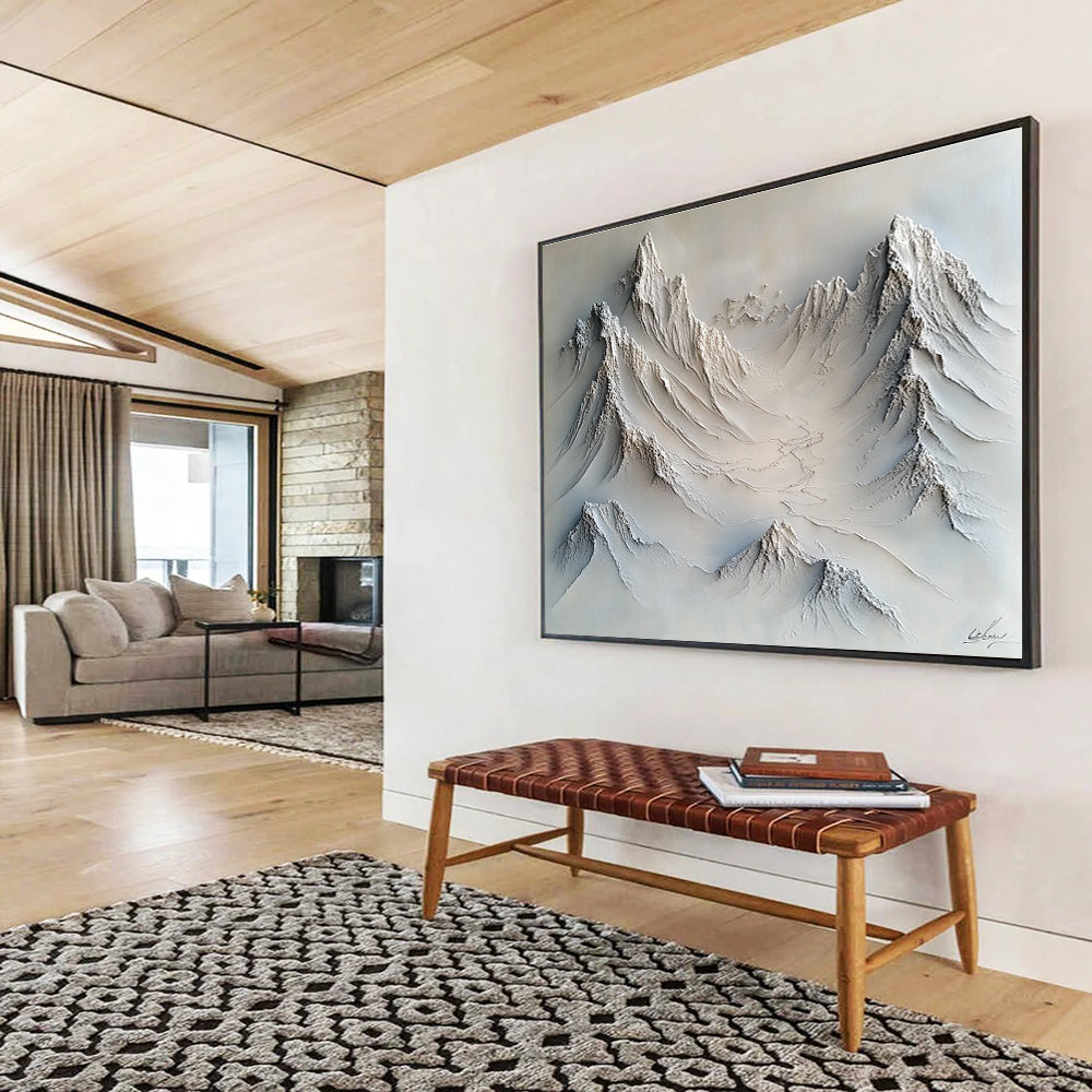 Large abstract painting with soft impasto textures in gray and white featuring snow-covered peaks and valleys for a serene visual experience.SC509