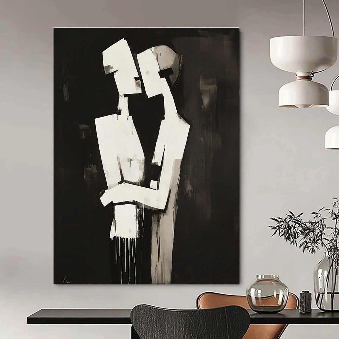 Abstract black and white painting of two figures embracing in a deconstructed minimalist style against a dark background.STSC024
