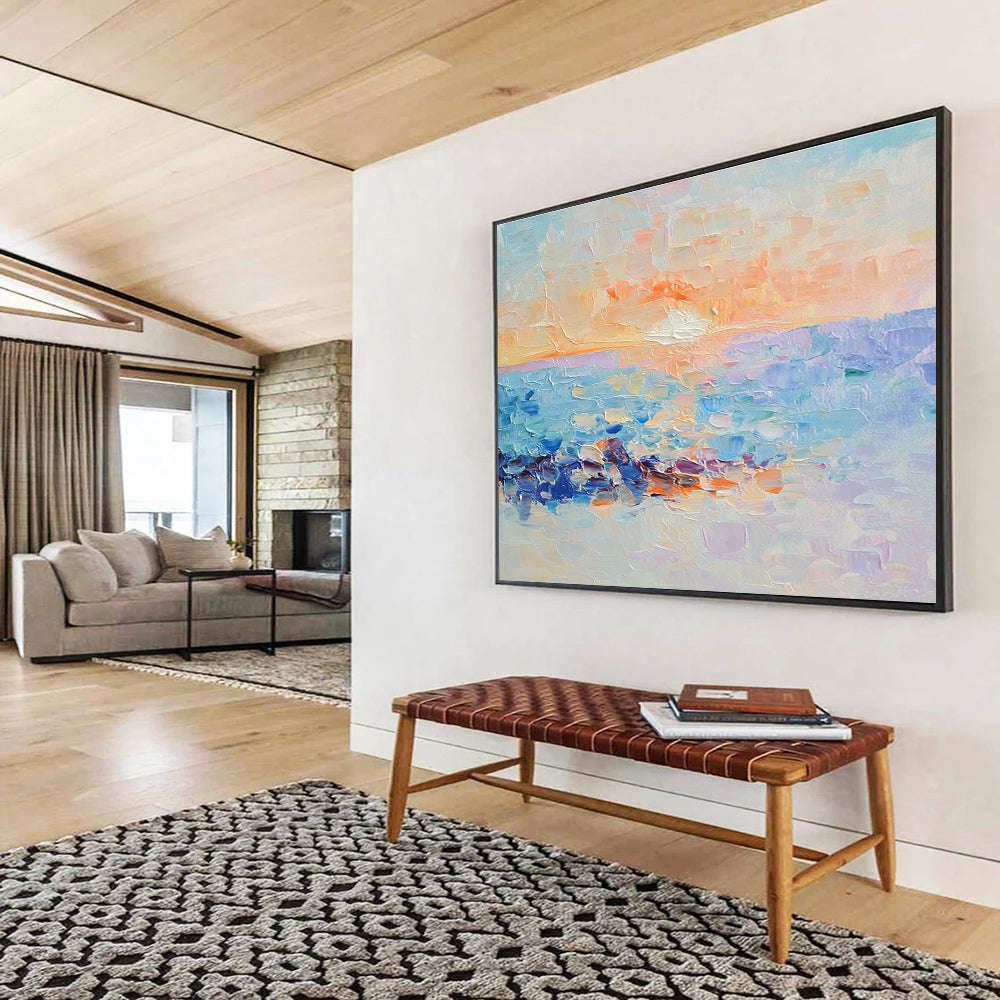 Large abstract oil painting capturing an ocean sunset with pastel colors reflecting light blue and purple hues beneath the water's surface.SC107