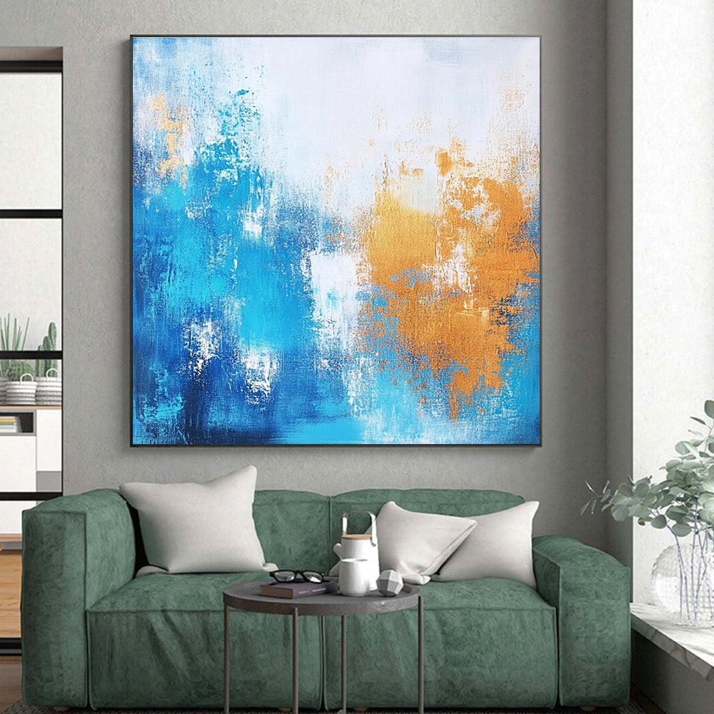 Light Blue and Gold Abstract Painting with Airy Layers GER383