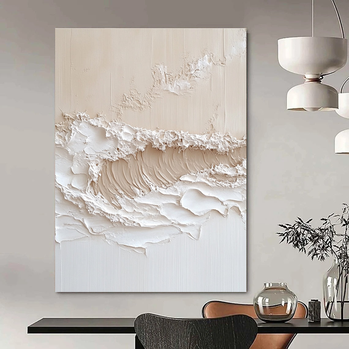 Large abstract painting of textured waves in neutral tones with thick impasto technique for a captivating wall art statement.STSC1212