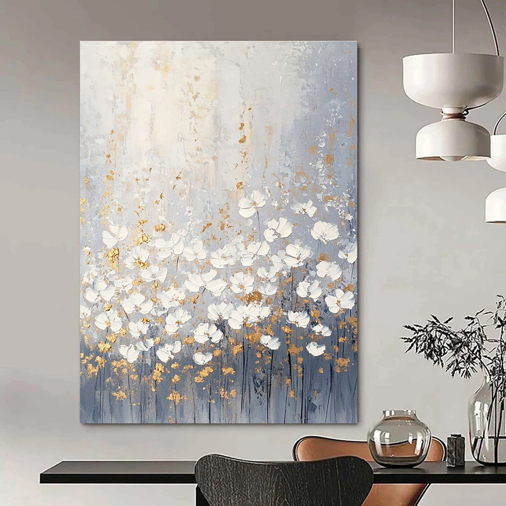 Large abstract painting of light gray and white wildflowers with muted colors and gold accents in a boho style.STSC318