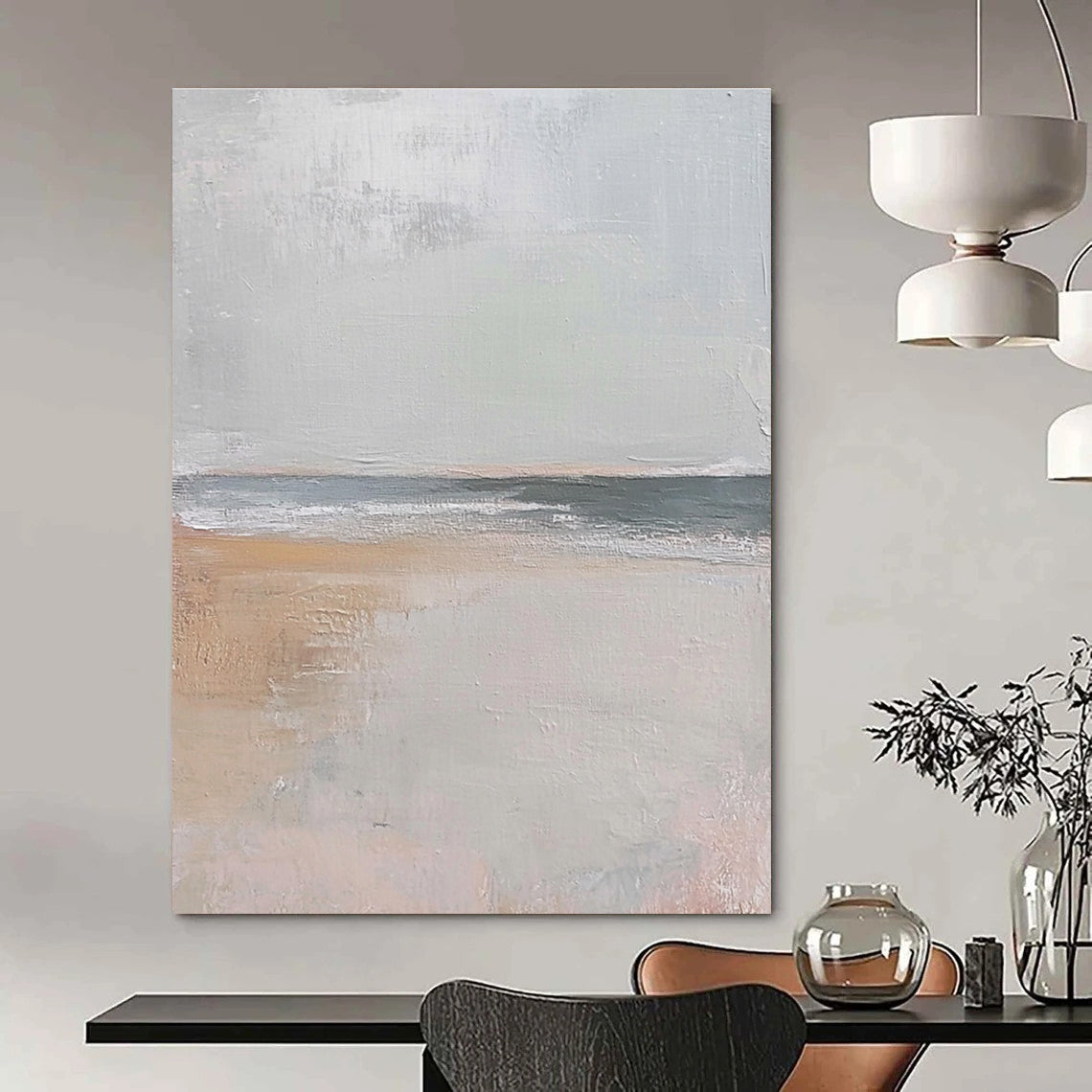 Large abstract painting in muted beige and gray tones featuring gentle brushstrokes of serene coastal scenery with hints of sandy textures and flying seagulls.STSC016