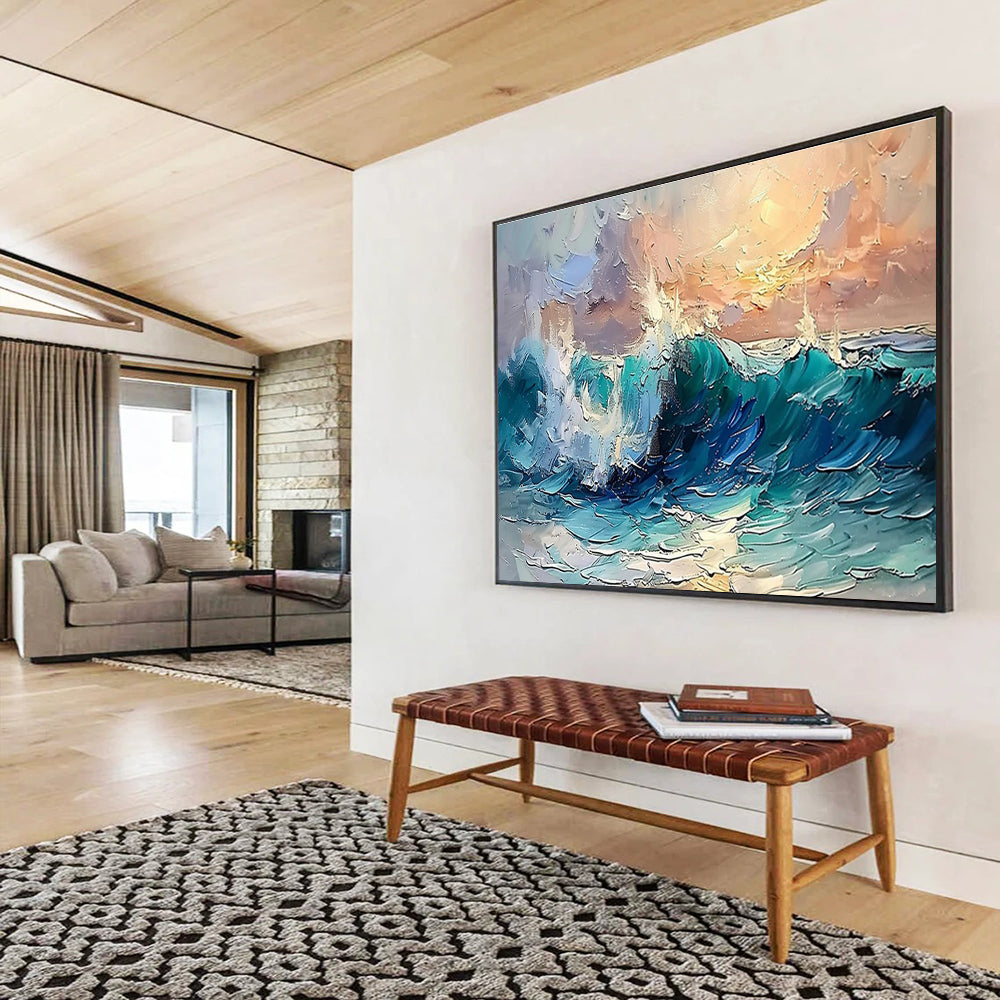 Dynamic Sea Wave Abstract Painting with Turquoise and White Crescendos THY296