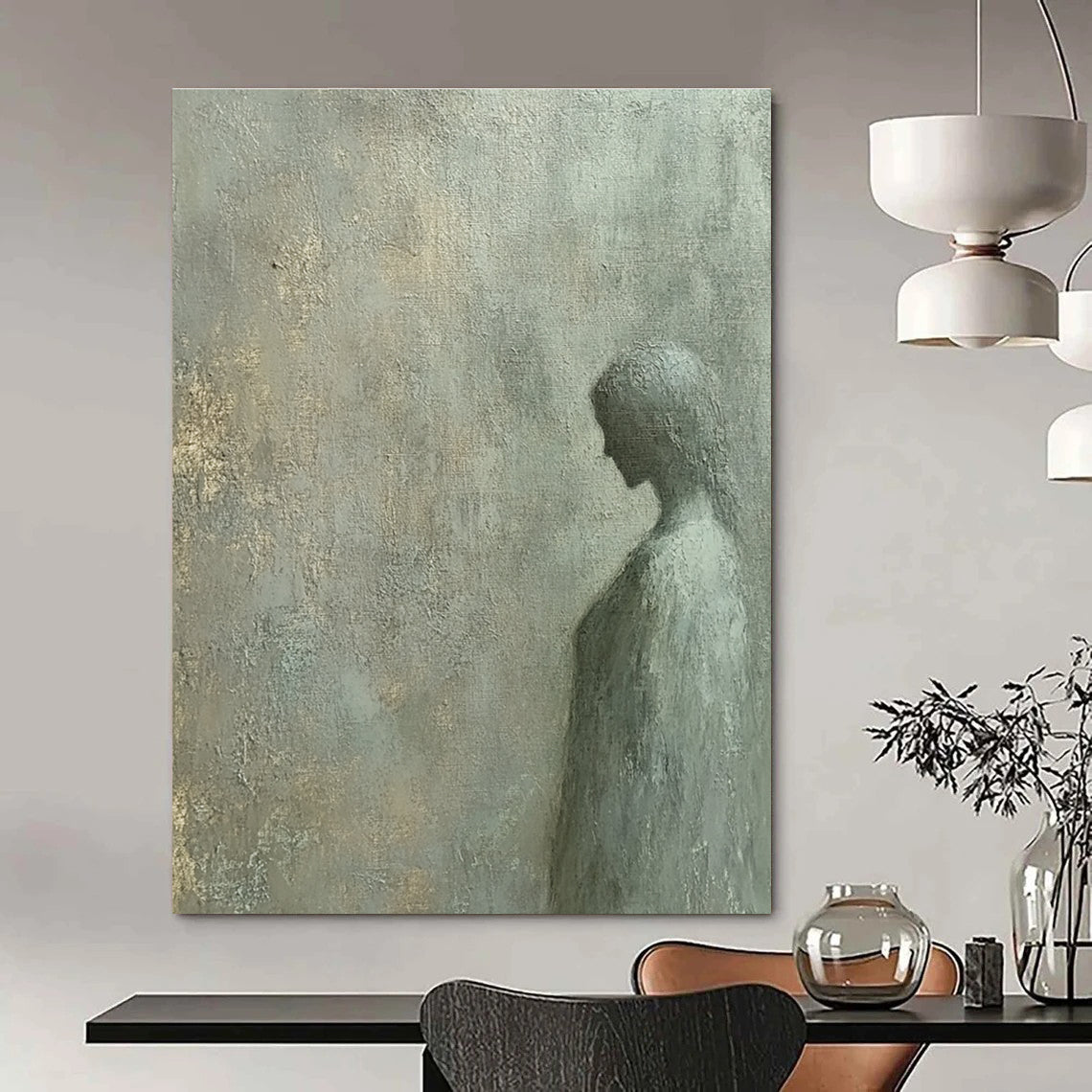 A large abstract painting featuring a flat gray wall texture with subtle noise and color variations in the style of oil painting by Leonardo da Vinci.STSC997