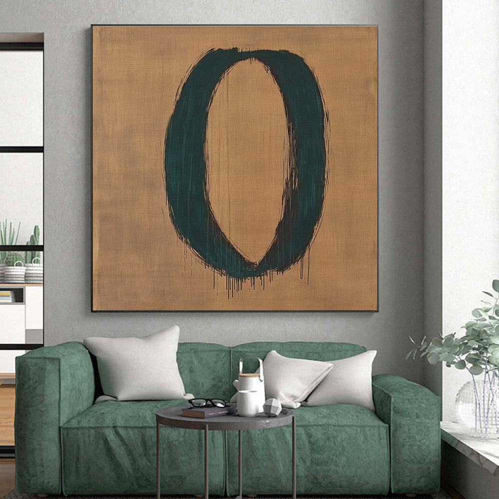 Teal Oval on Beige Abstract Painting with Expressive Brushstrokes GER033