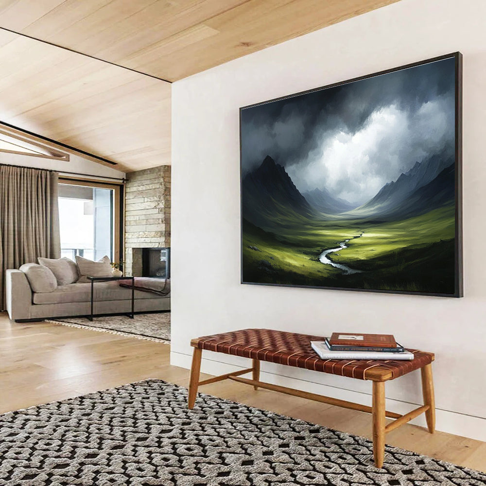 A large abstract painting of the Scottish Highlands featuring stormy skies and dark greenery in a painterly style reminiscent of Greg Rutkowski.SC607
