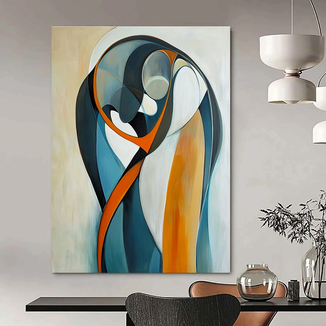 Large abstract painting of two figures embracing in curved lines and bold geometric shapes with a serene gradient background.STSC711