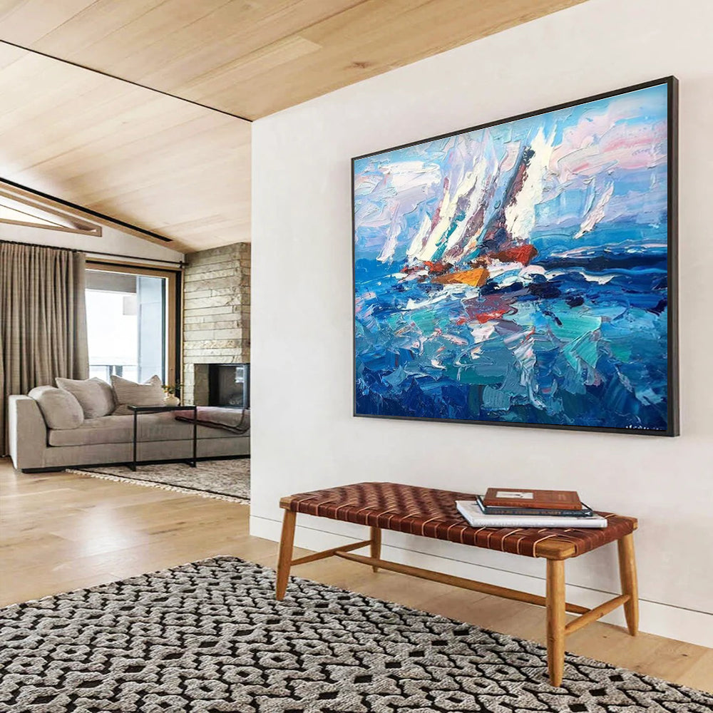 Blue White Sailing Boats Abstract Painting THY472