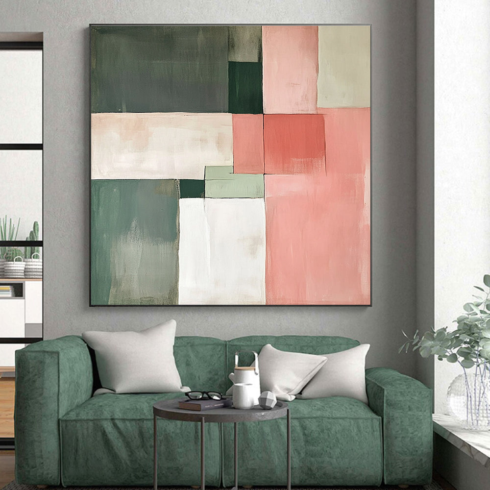 Green and Pink Block Abstract Painting with Subtle Contrasts GER154